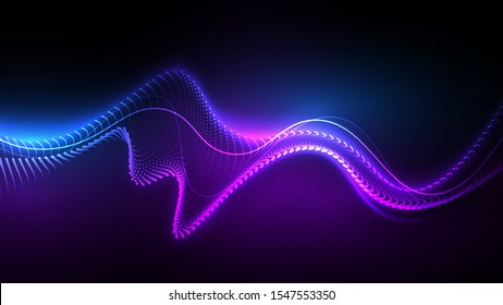 Vector Illustration Of Blue Abstract Background With Blurred Magic Neon Light Lines. Blurry Highlights On A Dark Background. High-speed Abstraction. Shining Blue Fine Lines. Energy Waves