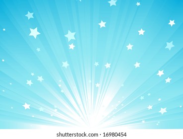 Vector illustration of blue Abstract background with light rays and burst of stars
