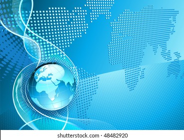 Vector illustration of blue abstract Background with Glossy Globe and Word Map of Earth