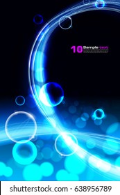 Vector illustration of blue abstract background with blurred magic neon light curved lines and bubbles