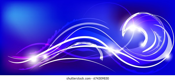 Vector illustration of blue abstract background with magic neon light curved lines