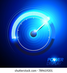 vector illustration of blue abstract car fuel power speedometer pushing to limit with cool engery glow effects.