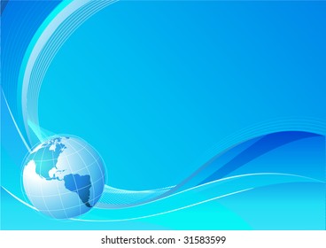 Vector illustration of blue abstract lines background - composition of curved lines and globe