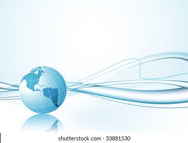 Vector illustration of blue abstract lines background - composition of curved lines and globe