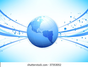 Vector illustration of blue abstract lines background - composition of curved lines and globe