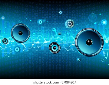 Vector illustration of blue abstract party design with urban music scene - Speakers and sound waves