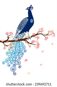 Vector illustration of blue abstract peacock on the pink blossom tree branch on white background 