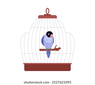 Ilustración vectorial de un loro azul agapornis sentado en una percha en una jaula. Mascota exótica sobre un fondo blanco fresco. Pájaro doméstico en una jaula. Estilo de dibujos animados.