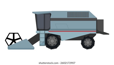 Vector illustration of a blue agricultural harvester with a front cutting platform, isolated on white.