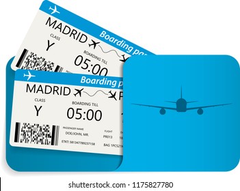 Vector illustration of blue airline tickets or boarding pass inside of special service envelope. Travel or tourism concept.