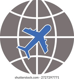 Vector illustration of a blue airplane flying over a stylized gray globe with intersecting latitude and longitude lines. Represents global travel, international aviation, and worldwide connectivity. Ideal for airline branding, travel agency visuals, logistics icons, and transportation-themed designs.
