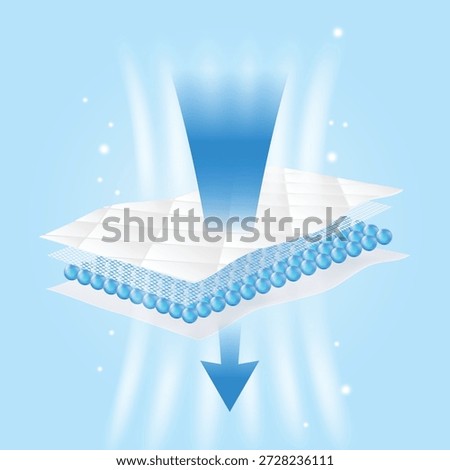 Vector illustration of a blue arrow with airflow streaks penetrating a quilted absorbent pad. Symbolizes rapid liquid intake, breathable soft texture, and instant dry technology for premium diapers.
