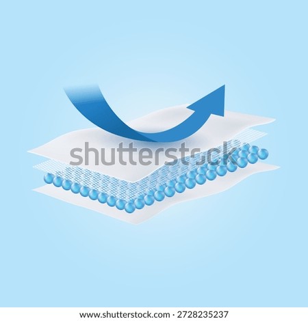 Vector illustration of a blue arrow sweeping across the absorbent pad surface. Symbolizes moisture evaporation, humidity release, and breathable top sheet technology for keeping skin dry and fresh.