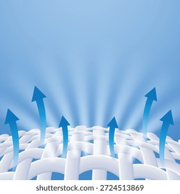 Ilustración vectorial de flechas azules que se elevan de la tela tejida, que representan la frescura de la Autorización. Concepto para suavizante de tela perfumado de larga duración, tecnología de ropa deportiva de enfriamiento y evaporación del sudor.