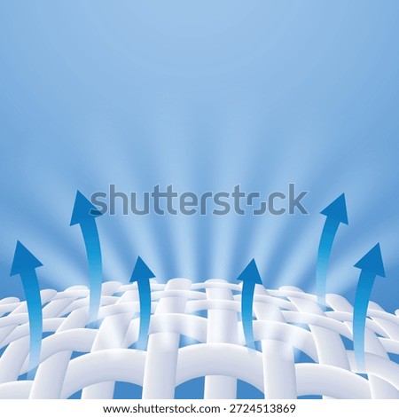 Vector illustration of blue arrows rising from woven fabric, representing freshness release. Concept for long-lasting scent fabric softener, cooling sportswear technology, and sweat evaporation.