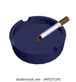 Vector illustration of a blue ashtray with a cigarette. View isometric. 3D