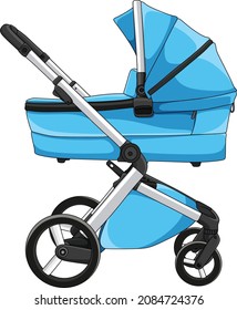 Vector Illustration Of Blue Baby Carriage Cartoon