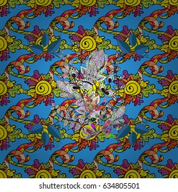 Vector illustration. Blue background. Colored mandalas element.