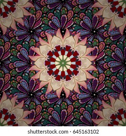 Vector illustration. Blue background. Colored mandalas element.