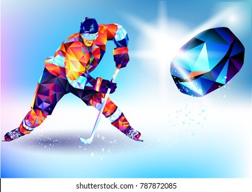 Vector illustration blue background in a geometric triangle of XXIII style Winter games. Olympic hockey on ice arena from triangle silhouette