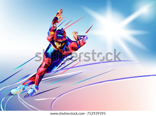 Xxiiスタイルの冬のゲームの幾何学的な三角形の背景にベクターイラスト青の背景 スピードスケートのオリンピック選手で 三角形のシルエットからスピードスケートのアリーナーを選ぶ のベクター画像素材 ロイヤリティフリー