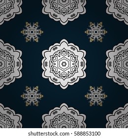 Vector illustration. Blue background with golden elements. Vector golden pattern. Oriental style arabesques. Seamless golden textured curls.