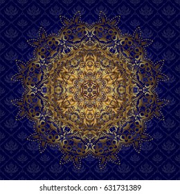 Vector illustration. Blue background. Golden mandalas element.
