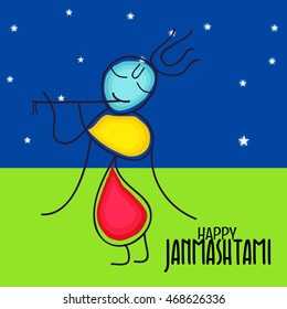  Vector illustration of a blue background with Krishna playing flute for Happy Krishna Janmashtami.