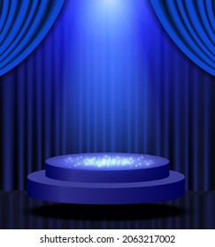 Vector illustration blue background with shining flying stage podium and curtain