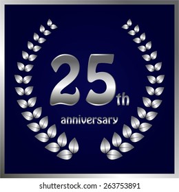 Vector illustration of Blue background, silver frame. 25 th anniversary.