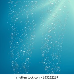  Ilustración vectorial. Fondo azul con burbujas transparentes de aire flotando en el agua.