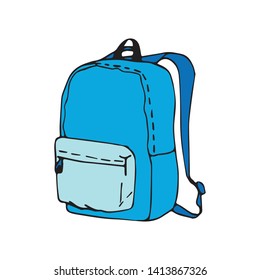 Vector illustration of a blue backpack for school or tourism with a pocket in front, a zipper, isolated on a white background, cartoon style. For children's books, posters, design, educational, decor