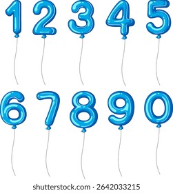 Vector illustration of blue balloon numbers with strings. Bright, playful design suitable for educational and celebratory purposes