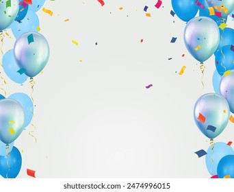 Vector illustration of blue balloons with confetti and ribbons on white background