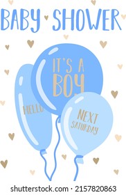 Vector illustration of blue balls on a background of hearts. Image for boys. Concept for holidays, baby shower, birthday, wrappers, print, clothes, cards, banner, textile, flyer.