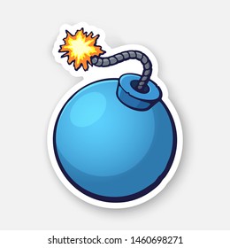Vector illustration. Blue ball-shaped bomb with a burning fuse rope. Sticker with contour. Isolated on white background