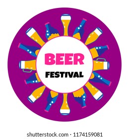Vector illustration with blue beer bottles and glasses on a violet background and text "Beer festival"