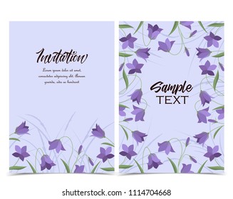 Vector illustration blue bell-shaped bloom, summer flower Campanula. Set of greeting cards
