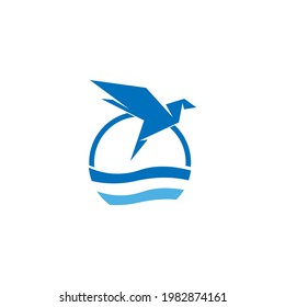 vector illustration of a blue bird flying at sea, great for logos and icons of tourism, sea travel