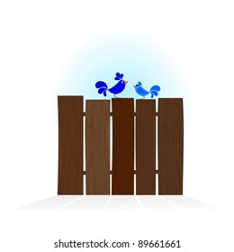 Vector illustration of blue bird  on a wooden fence