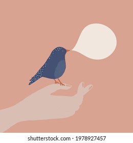 Vector illustration of a blue bird sitting on his hand and chirping.