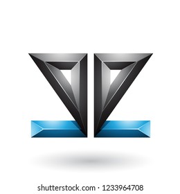 Vector Illustration of Blue and Black 3d Geometrical Double Sided Embossed Letter E isolated on a White Background
