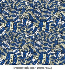 Vector illustration. Blue, black and beige on colors. Abstract nice background. Doodles pattern for wrapping paper.