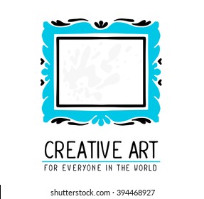 Vector illustration of blue and black color rectangular frame and text in modern style with gray spots on white background. Art design for web, site, advertising, poster,  board, card, paper print.
