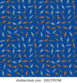 Vector illustration. Blue, black and orange version. Isolated. Cute and colorful candy sweet seamless pattern on blue, black and orange background.