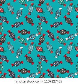 Vector illustration. Blue, black, red and green version. Cute and colorful candy sweet seamless pattern on blue, black, red and green background. Isolated.