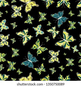 Vector illustration. Illustration in blue, black and yellow colors. Seamless pattern of Hand Drawn silhouette butterflies with watercolor texture. In vintage style.