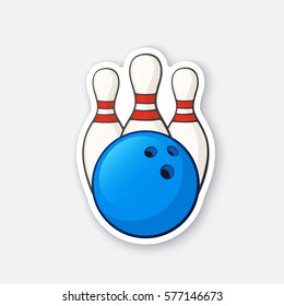 Vector illustration. Blue bowling ball and pins. Sports equipment. Cartoon sticker in comics style with contour. Decoration for greeting cards, posters, patches, prints for clothes, emblems