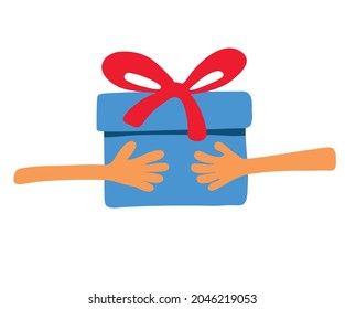 ilustración vectorial caja azul con arco rojo de mano a mano