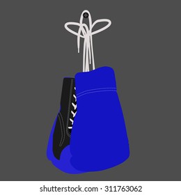 Vector illustration of blue boxing gloves. Sport equipment. Pair of two boxing gloves. Hanging boxing gloves